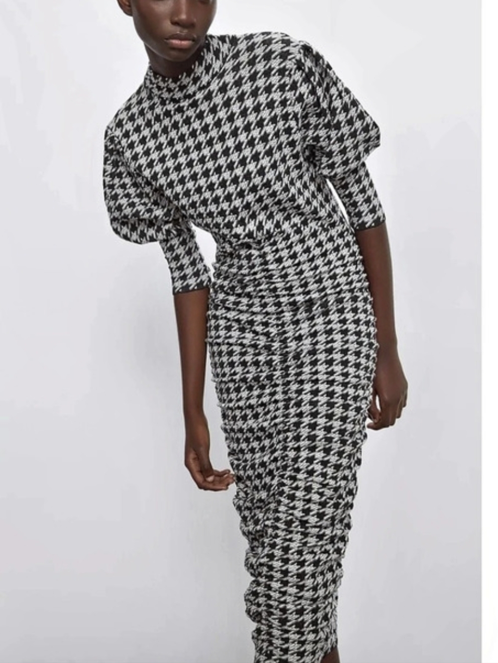 ZARA Houndstooth Mock Neck Puff Sleeve Midi Dress M